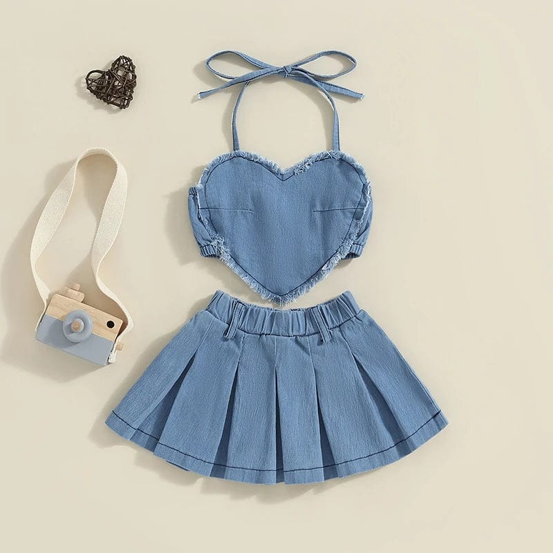 Denim Heart Top and Plated Skirt Set