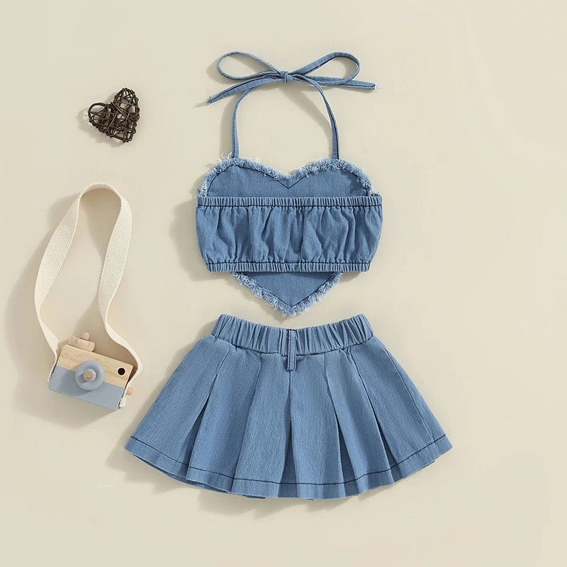 Denim Heart Top and Plated Skirt Set