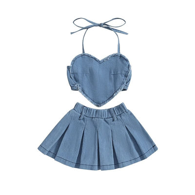 Denim Heart Top and Plated Skirt Set