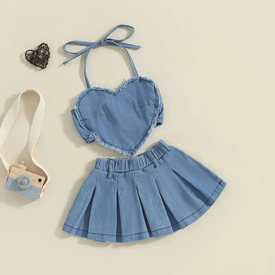 Denim Heart Top and Plated Skirt Set