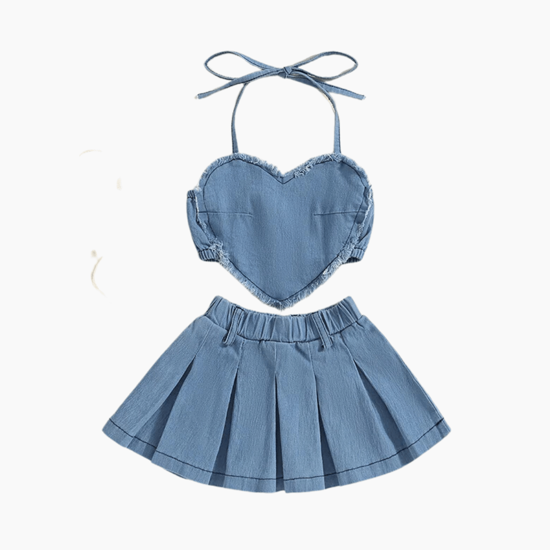 Denim Heart Top and Plated Skirt Set